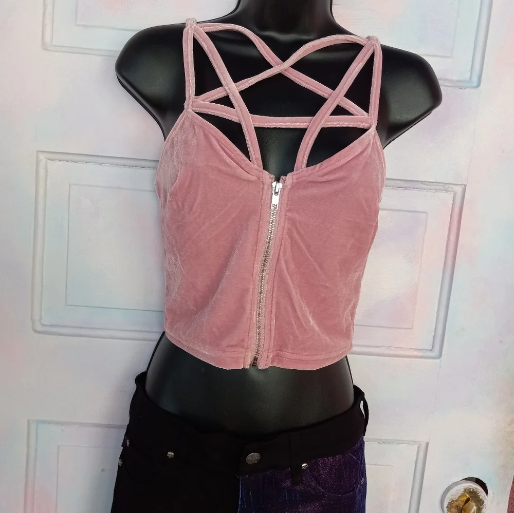 Killstar velvet soft pink pentagram strappy crop tank top! Nwt! - Picture 2 of 5